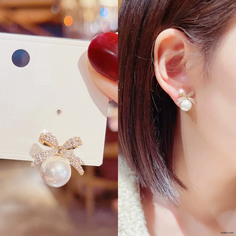 1par Micro Set Zircon Bow Pearl Pendant Earrings 2025 New Design Jewelry For Womens and Girls Fashion Ear Accessories